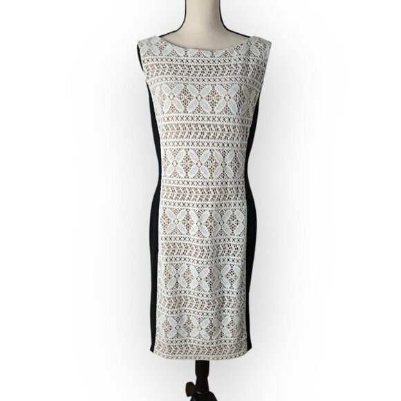 Anne Klein Black w/ White Crocheted Lace Sleeveless Sheath Dress 14 - Picture 2 of 7